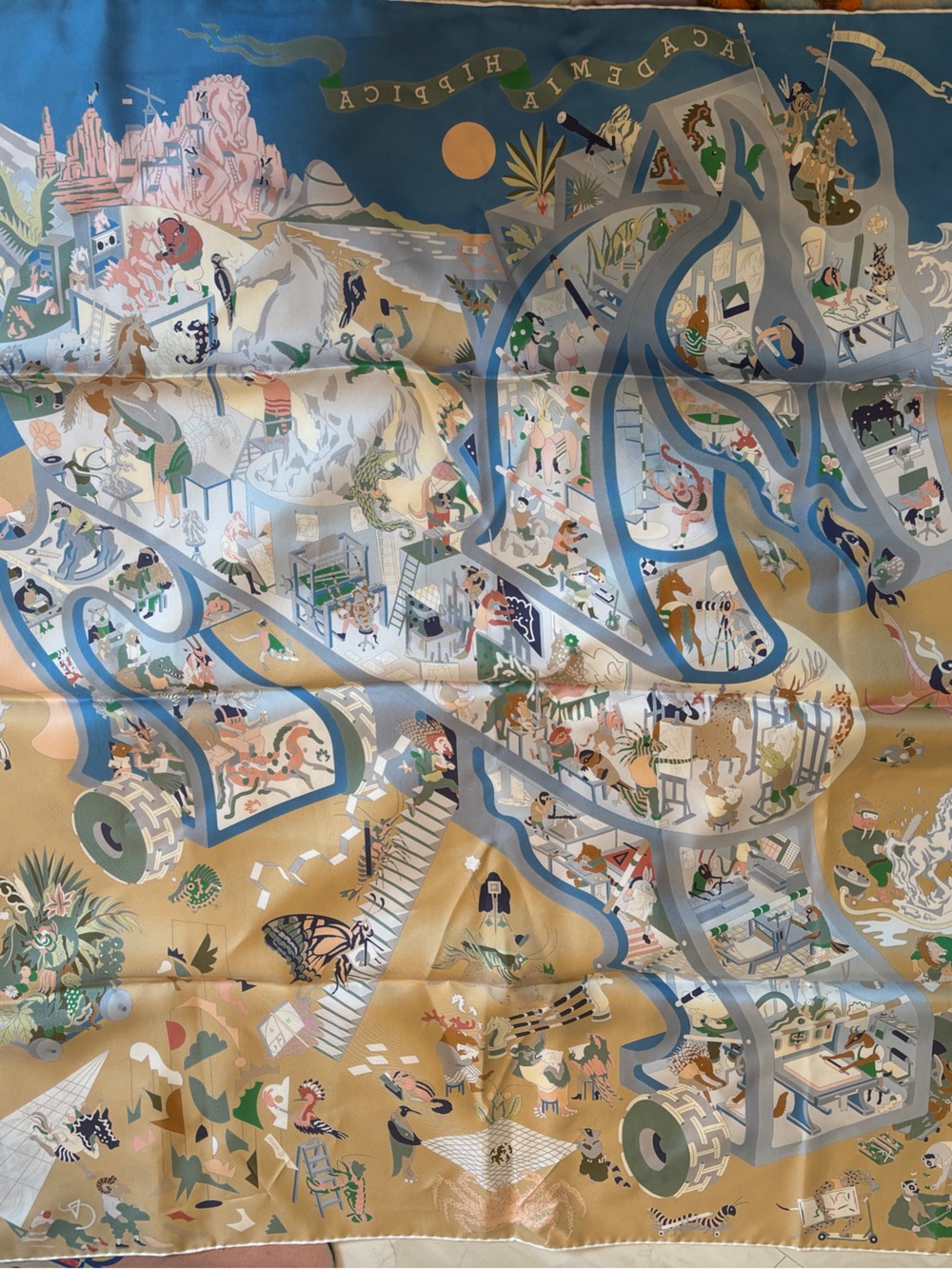 AUTH HERMES FRANCE BLUE BEIGE ACADEMIA HIPPICA HORSE SILK SCARF 90 CM W/ BOX - Picture 2 of 5